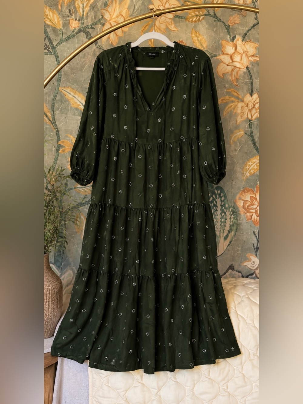 Madewell Hunter Green Floral Tiered Midi Dress XXS Boho Cottagecore